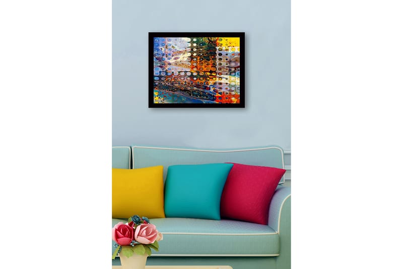 Kehystetty puukangas - 41x56 cm - Abstrakti sommitelma pyöreillä muodoilla ja värikkäillä kuvioilla - Sininen / Oranssi / Keltainen - Sisustustuotteet - Taulu & taide