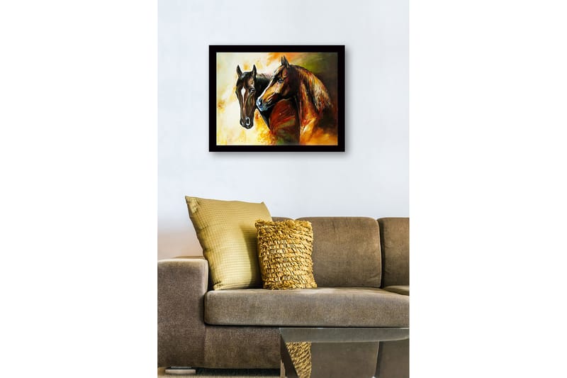 Kehystetty puinen canvas-taulu - 41x56 cm - Kaksi majesteettista hevosta seisoo lähellä toisiaan - Ruskea / Musta / Oranssi - Sisustustuotteet - Taulu & taide