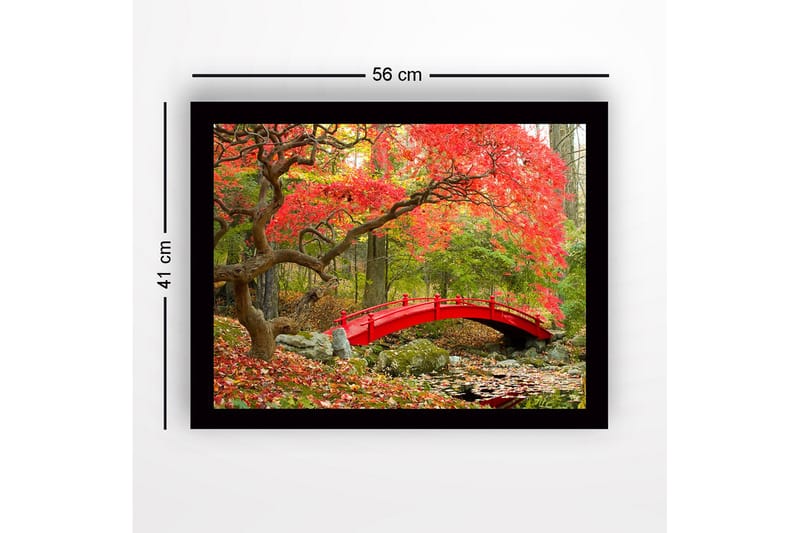 Kehystetty puinen canvas-taulu - 41x56 cm - Punainen silta syksyn väristen puiden ja lehtien ympäröimänä - Punainen / Vihreä / Ruskea - Sisustustuotteet - Taulu & taide