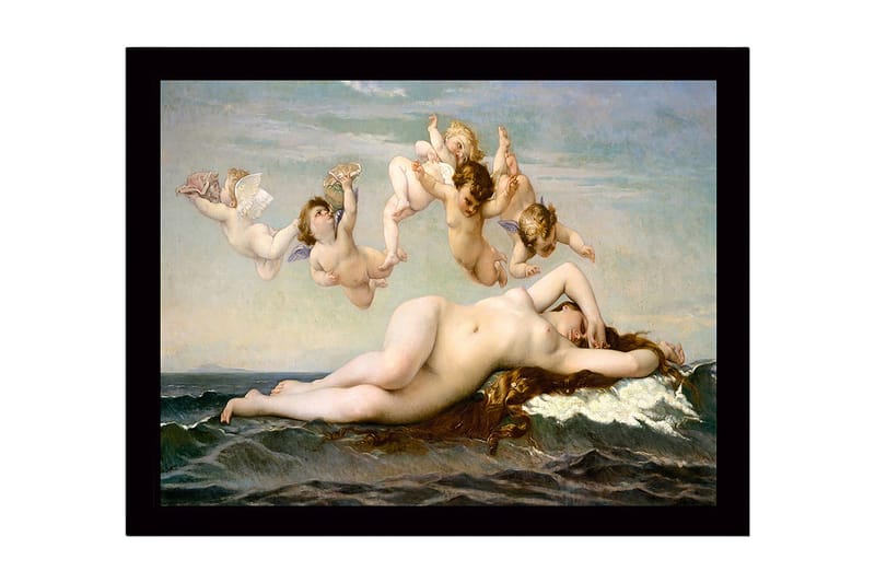 Kehystetty puucanvas - 41x56 cm - Alaston nainen lepää meren aalloilla enkelien ympäröimänä, Ihonväri / Taivaansininen / Merenvihreä