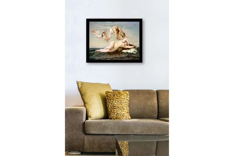 Kehystetty puucanvas - 41x56 cm - Alaston nainen lepää meren aalloilla enkelien ympäröimänä - Ihonväri / Taivaansininen / Merenvihreä - Sisustustuotteet - Taulu & taide