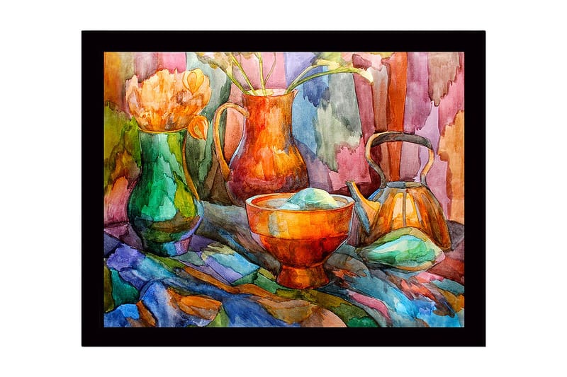 Kehystetty puutaulu canvasille - 41x56 cm - Hiljaisuus värikkäillä astioilla ja kukilla, Vihreä / Oranssi / Sininen