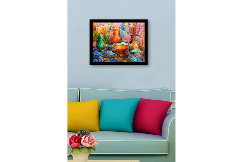 Kehystetty puutaulu canvasille - 41x56 cm - Hiljaisuus värikkäillä astioilla ja kukilla - Vihreä / Oranssi / Sininen - Sisustustuotteet - Taulu & taide