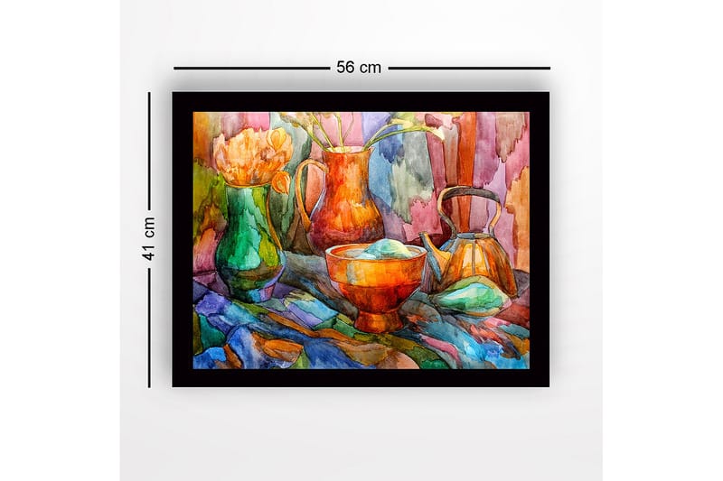 Kehystetty puutaulu canvasille - 41x56 cm - Hiljaisuus värikkäillä astioilla ja kukilla - Vihreä / Oranssi / Sininen - Sisustustuotteet - Taulu & taide