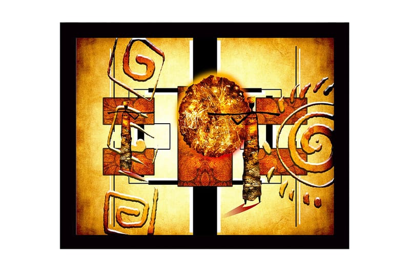 Kehystetty puukangas - 41x56 cm - Abstrakti sommitelma aurinkosymboliikalla ja geometrisilla muodoilla, Kulta / Oranssi / Ruskea