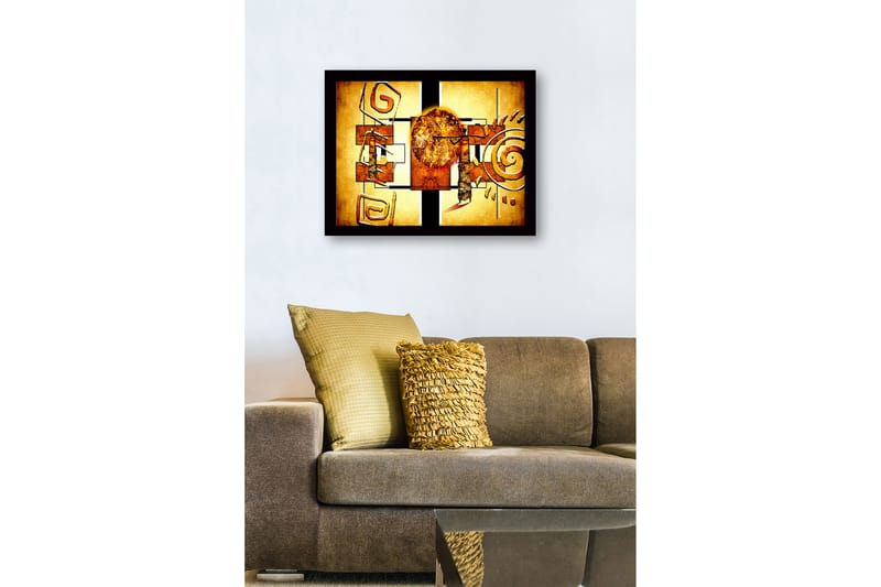 Kehystetty puukangas - 41x56 cm - Abstrakti sommitelma aurinkosymboliikalla ja geometrisilla muodoilla - Kulta / Oranssi / Ruskea - Sisustustuotteet - Taulu & taide