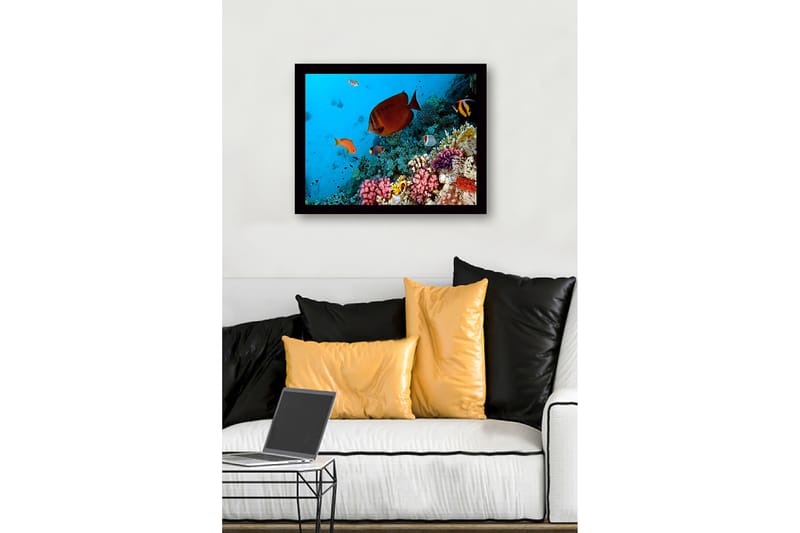 Kehystetty puutaulu canvasille - 41x56 cm - Värikäs vedenalainen maisema koralliriutalla ja trooppisilla kaloilla - Sininen / Oranssi / Vaaleanpunainen - Sisustustuotteet - Taulu & taide