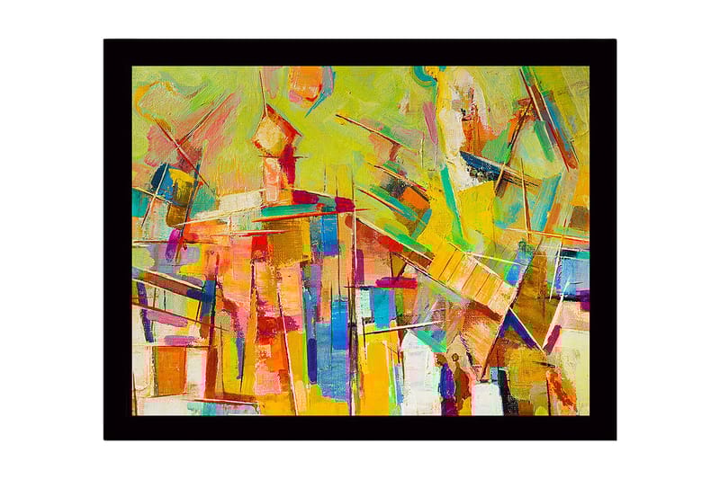 Kehystetty puukangas - 41x56 cm - Abstrakti sommitelma värikkäillä geometrisilla muodoilla, Keltainen / Oranssi / Sininen
