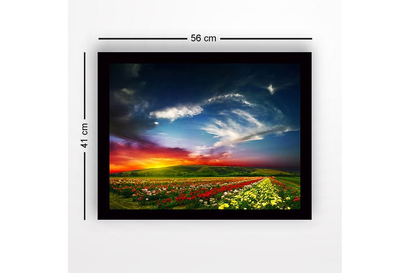 Kehystetty puutaulu canvasille - 41x56 cm - Värikäs kukkaniitty dramaattisen auringonlaskun aikaan - Punainen / Keltainen / Vihreä - Sisustustuotteet - Taulu & taide