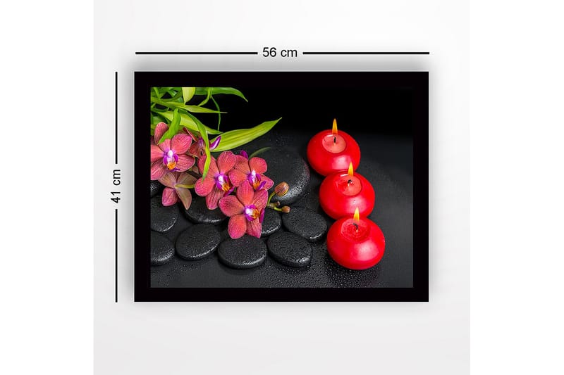 Kehystetty puupohjainen canvas - 41x56 cm - Kaunis kokoelma orkideoita ja kynttilöitä mustilla kivillä - Punainen / Musta / Vihreä - Sisustustuotteet - Taulu & taide