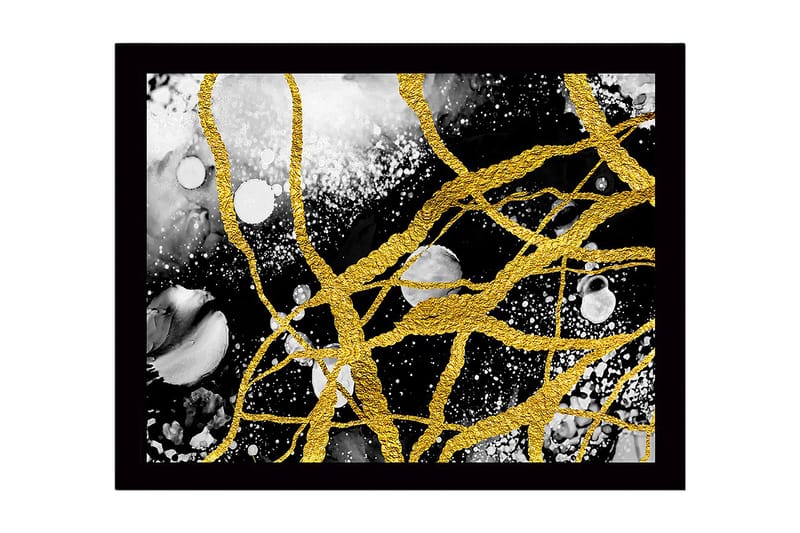 Kehystetty puukangas - 41x56 cm - Abstrakti sommitelma kultaisilla viivoilla ja mustavalkoisilla elementeillä, Kulta / Musta / Valkoinen