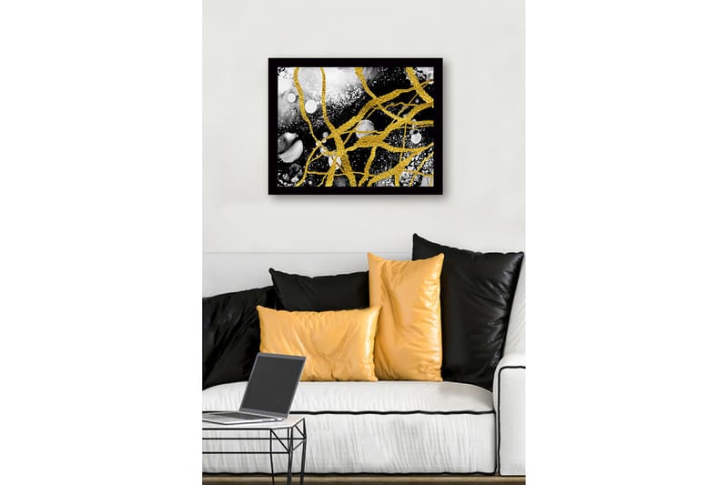Kehystetty puukangas - 41x56 cm - Abstrakti sommitelma kultaisilla viivoilla ja mustavalkoisilla elementeillä - Kulta / Musta / Valkoinen - Sisustustuotteet - Taulu & taide