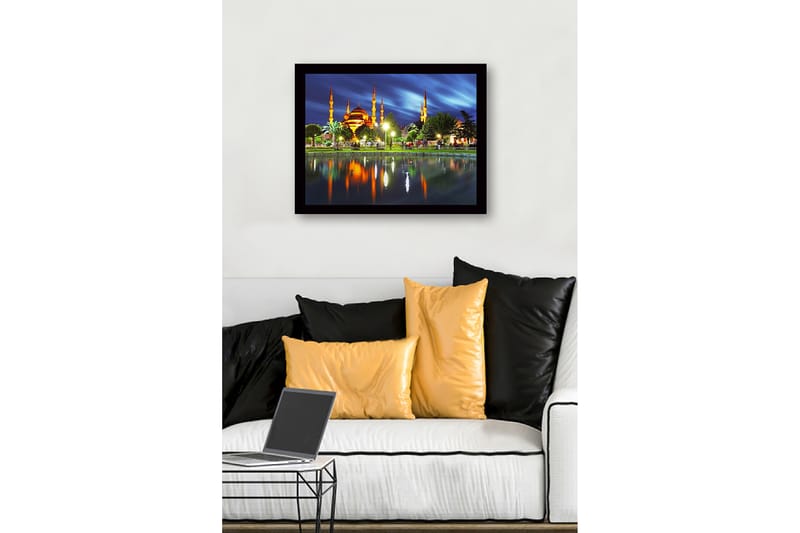 Kehystetty puutaulu - 41x56 cm - Upea moskeija valaistuilla minareeteilla peilimäisen järven rannalla - Oranssi / Vihreä / Sininen - Sisustustuotteet - Taulu & taide