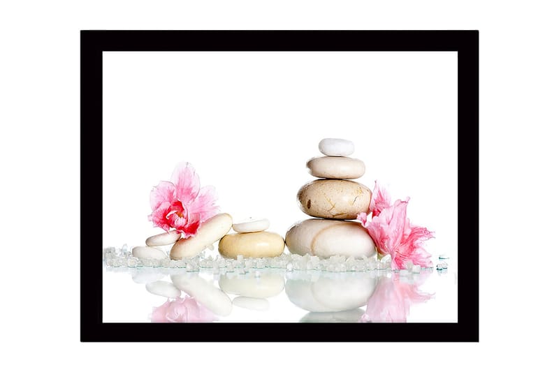 Kehystetty puutaulu canvasille - 41x56 cm - Kivikasa, jota ympäröivät vaaleanpunaiset kukat ja kimaltelevat kivet, Valkoinen / Vaaleanpunainen / Beige