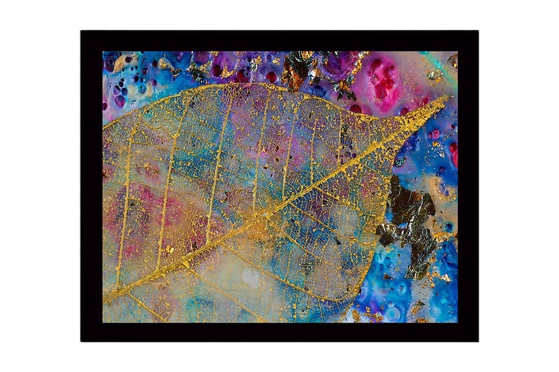 Kehystetty puutaulu canvasille - 41x56 cm - Kiiltävät kultaiset lehdet värikkäällä sinisellä ja violetilla taustalla, Kulta / Sininen / Violetti