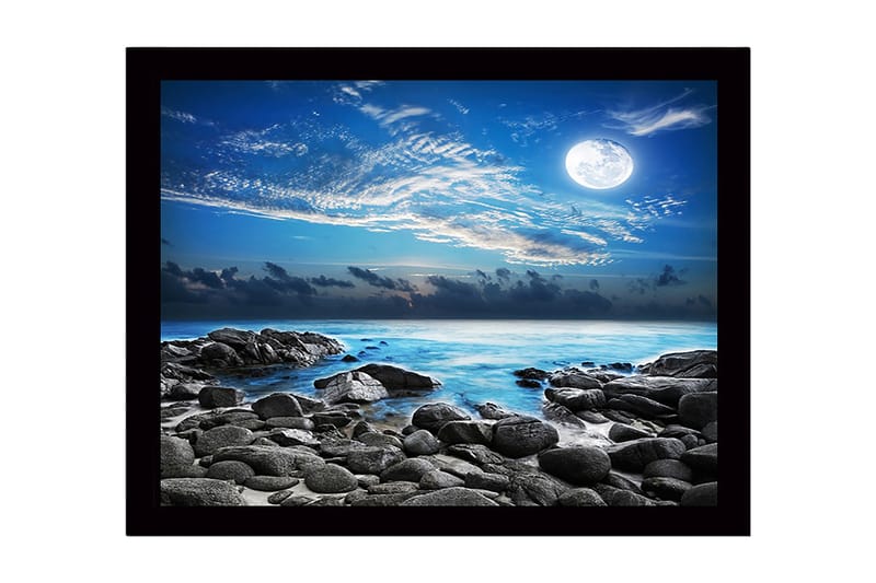 Kehystetty puucanvas - 41x56 cm - Tunnelmallinen merimaisema kuulla ja kivillä, Sininen / Harmaa / Valkoinen