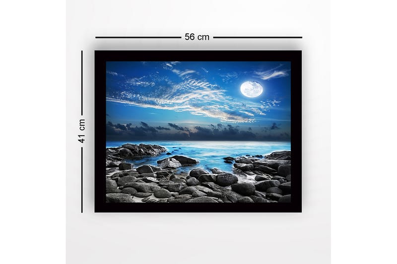 Kehystetty puucanvas - 41x56 cm - Tunnelmallinen merimaisema kuulla ja kivillä - Sininen / Harmaa / Valkoinen - Sisustustuotteet - Taulu & taide