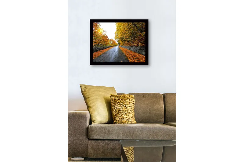 Kehystetty puinen canvas-taulu - 41x56 cm - Kaunis syysmaisema ja tie kultaisten puiden ympäröimänä - Kulta / Oranssi / Harmaa - Sisustustuotteet - Taulu & taide