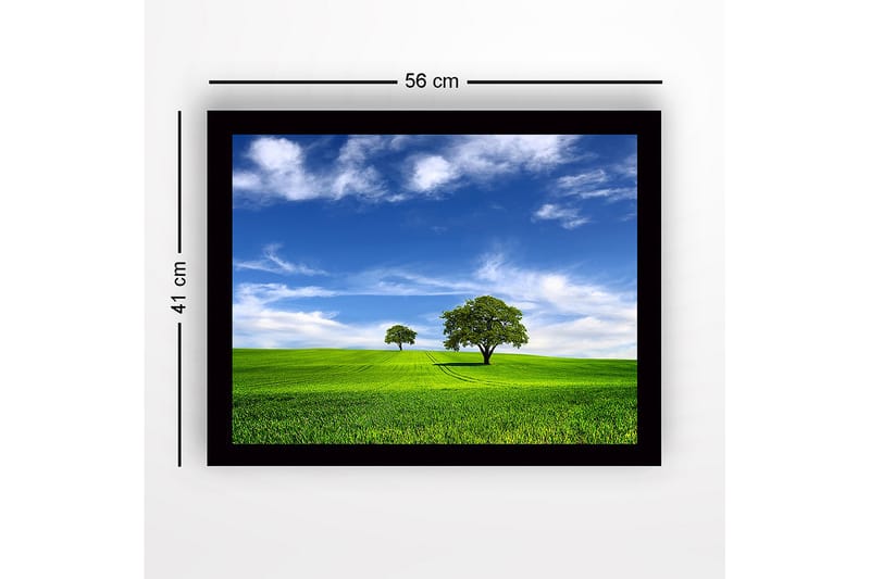 Kehystetty puinen canvas-taulu - 41x56 cm - Rehevä maisema ja kaksi puuta sinisen taivaan alla - Vihreä / Sininen - Sisustustuotteet - Taulu & taide