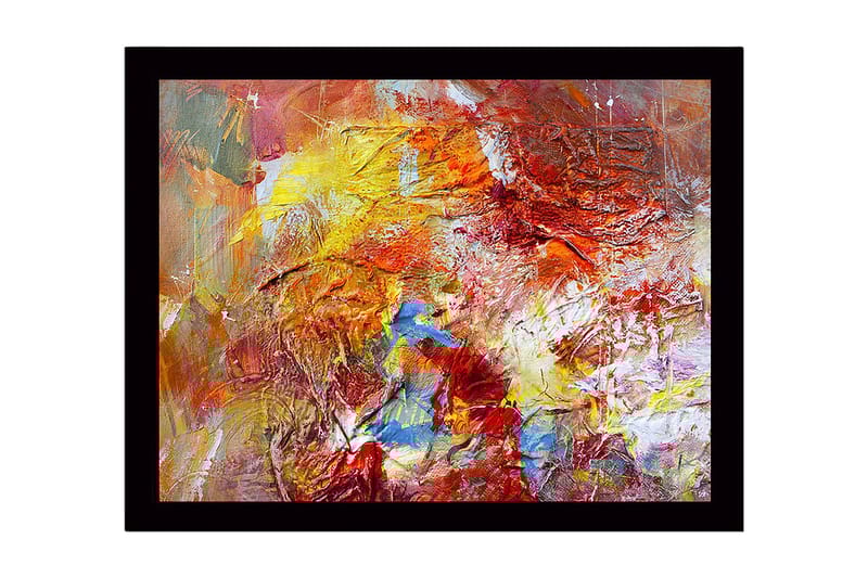 Kehystetty puukangas - 41x56 cm - Värikäs abstrakti sommitelma dynaamisilla muodoilla, Punainen / Keltainen / Sininen
