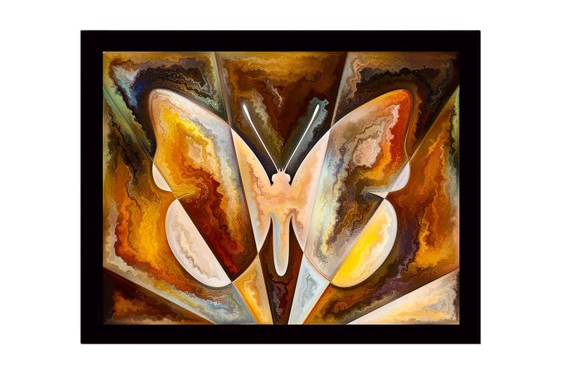Kehystetty puupohja - 41x56 cm - Värikäs perhonen abstrakteilla muodoilla, Kulta / Ruskea / Valkoinen