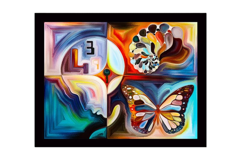 Kehystetty puutaulu canvasille - 41x56 cm - Värikäs perhonen abstrakteilla muodoilla ja kuvioilla, Sininen / Oranssi / Valkoinen