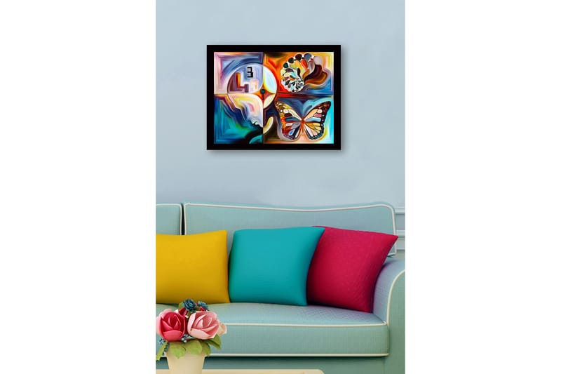 Kehystetty puutaulu canvasille - 41x56 cm - Värikäs perhonen abstrakteilla muodoilla ja kuvioilla - Sininen / Oranssi / Valkoinen - Sisustustuotteet - Taulu & taide