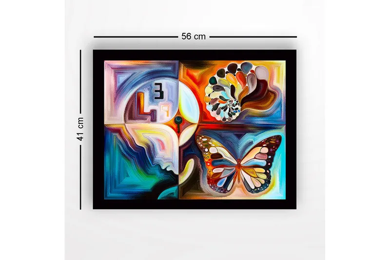 Kehystetty puutaulu canvasille - 41x56 cm - Värikäs perhonen abstrakteilla muodoilla ja kuvioilla - Sininen / Oranssi / Valkoinen - Sisustustuotteet - Taulu & taide