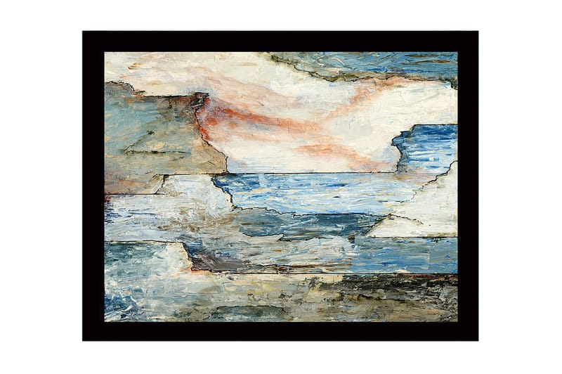 Kehystetty puucanvas - 41x56 cm - Abstrakti maisema merellä ja kivillä, Sininen / Harmaa / Beige