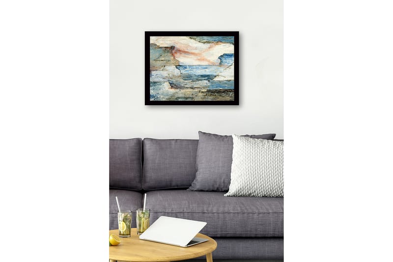 Kehystetty puucanvas - 41x56 cm - Abstrakti maisema merellä ja kivillä - Sininen / Harmaa / Beige - Sisustustuotteet - Taulu & taide