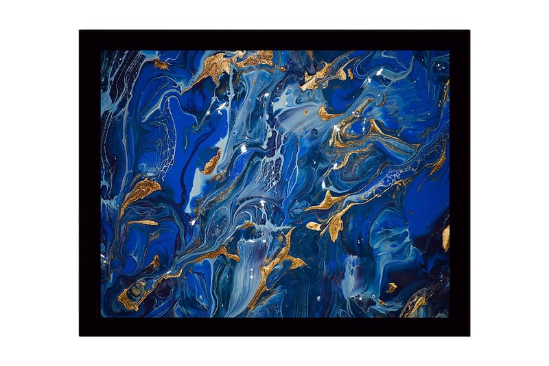 Kehystetty puukangas - 41x56 cm - Abstrakti sommitelma syvän sinisillä sävyillä ja kultaisilla yksityiskohdilla, Tummansininen / Vaaleansininen / Kulta