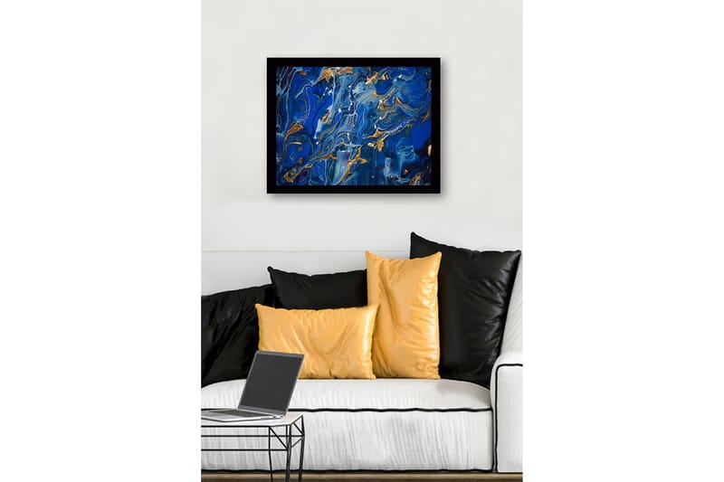 Kehystetty puukangas - 41x56 cm - Abstrakti sommitelma syvän sinisillä sävyillä ja kultaisilla yksityiskohdilla - Tummansininen / Vaaleansininen / Kulta - Sisustustuotteet - Taulu & taide