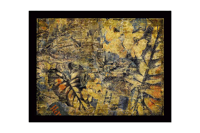 Kehystetty puupohjainen canvas - 41x56 cm - Abstrakti sommitelma kasviaiheilla ja tekstuureilla, Kulta / Tummansininen / Oranssi