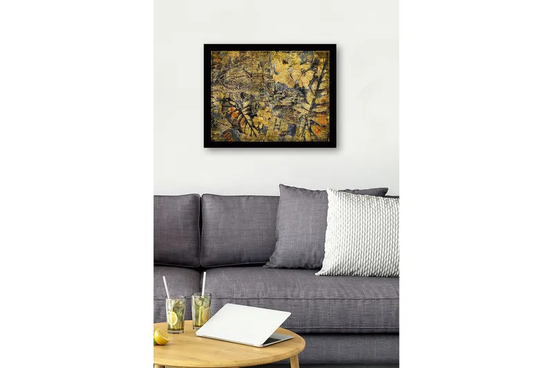 Kehystetty puupohjainen canvas - 41x56 cm - Abstrakti sommitelma kasviaiheilla ja tekstuureilla - Kulta / Tummansininen / Oranssi - Sisustustuotteet - Taulu & taide