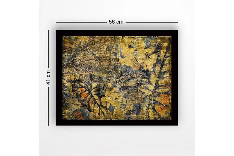 Kehystetty puupohjainen canvas - 41x56 cm - Abstrakti sommitelma kasviaiheilla ja tekstuureilla - Kulta / Tummansininen / Oranssi - Sisustustuotteet - Taulu & taide