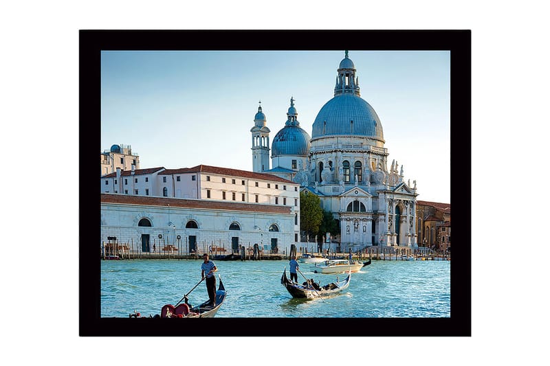 Kehystetty puinen canvas-taulu - 41x56 cm - Kaunis näkymä venetsialaisille gondoleille historiallisessa rakennuksessa, Sininen / Valkoinen / Harmaa