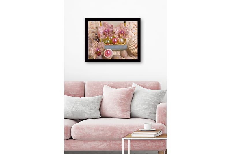 Kehystetty puupohja - 41x56 cm - Ihanat orkideat helmien ja simpukoiden ympäröimänä - Vaaleanpunainen / Vihreä / Helmenvalkoinen - Sisustustuotteet - Taulu & taide