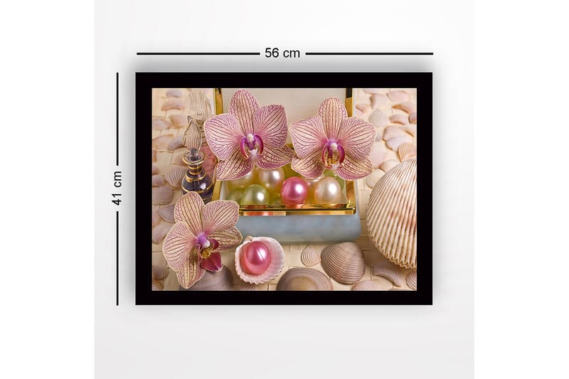 Kehystetty puupohja - 41x56 cm - Ihanat orkideat helmien ja simpukoiden ympäröimänä - Vaaleanpunainen / Vihreä / Helmenvalkoinen - Sisustustuotteet - Taulu & taide