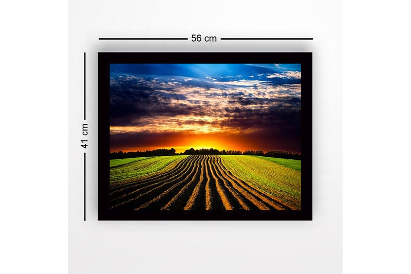 Kehystetty puinen canvas-taulu - 41x56 cm - Kaunis auringonlasku kumpuilevan pellon yllä kynnettyjen rivien kanssa - Vihreä / Oranssi / Sininen - Sisustustuotteet - Taulu & taide