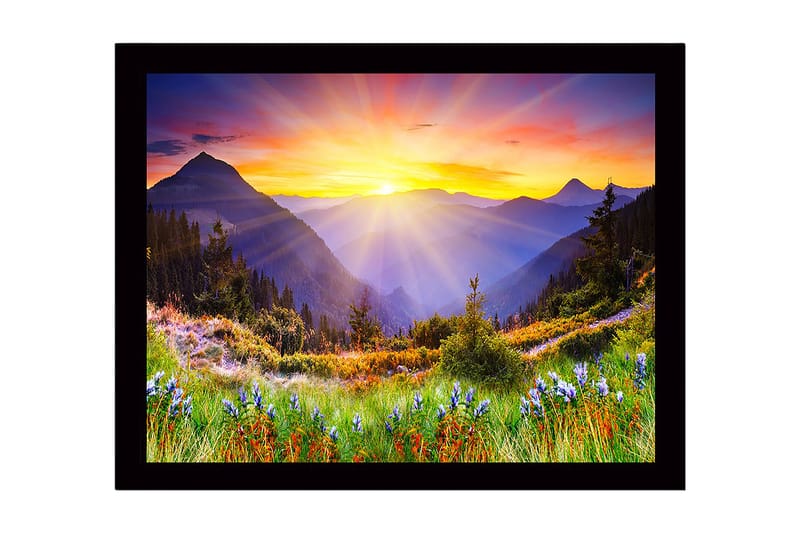 Kehystetty puukangas - 41x56 cm - Upea auringonnousu vuorten ja laaksojen yllä, Kulta / Violetti / Vihreä