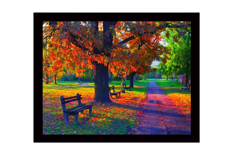 Kehystetty puutaulu canvasille - 41x56 cm - Kaunis syysmaisema värikkäillä puilla ja penkeillä puistossa, Oranssi / Vihreä / Ruskea