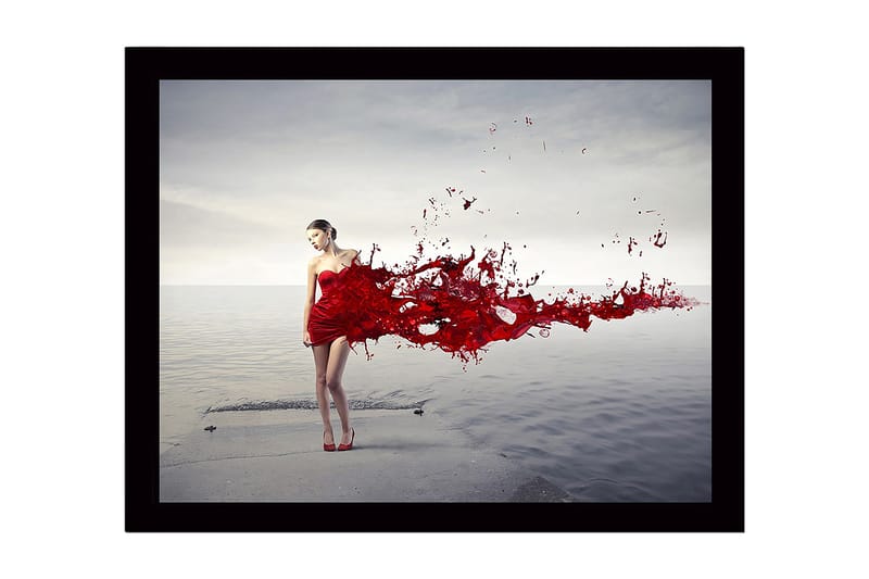 Kehystetty puucanvas - 41x56 cm - Punaisessa mekossa oleva nainen, jolla on virtaavia punaisia maalihiukkasia, Punainen / Harmaa