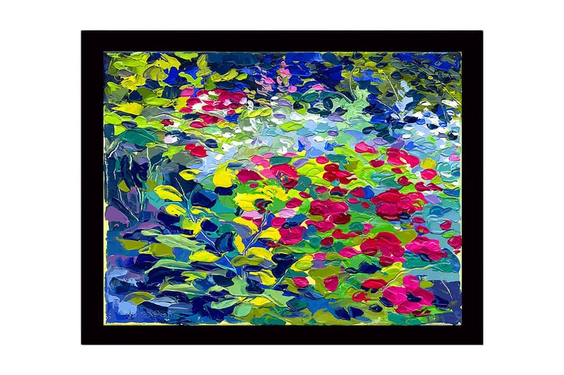 Kehystetty puutaulu canvasille - 41x56 cm - Värikäs kukkaniitty ruusuilla ja vihreillä lehdillä, Vihreä / Punainen / Sininen