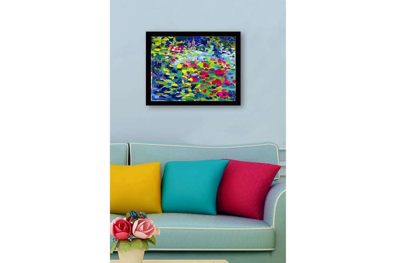 Kehystetty puutaulu canvasille - 41x56 cm - Värikäs kukkaniitty ruusuilla ja vihreillä lehdillä - Vihreä / Punainen / Sininen - Sisustustuotteet - Taulu & taide