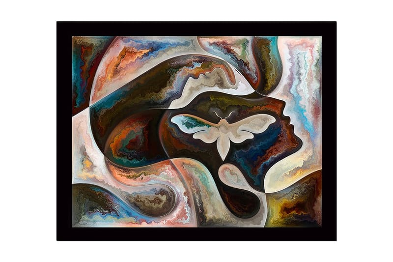 Kehystetty puukangas - 41x56 cm - Abstrakti muotokuva, jossa perhonen keskipisteenä - Tummanruskea / Beige / Turkoosi - Sisustustuotteet - Taulu & taide