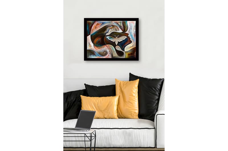 Kehystetty puukangas - 41x56 cm - Abstrakti muotokuva, jossa perhonen keskipisteenä - Tummanruskea / Beige / Turkoosi - Sisustustuotteet - Taulu & taide