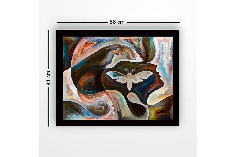 Kehystetty puukangas - 41x56 cm - Abstrakti muotokuva, jossa perhonen keskipisteenä - Tummanruskea / Beige / Turkoosi - Sisustustuotteet - Taulu & taide