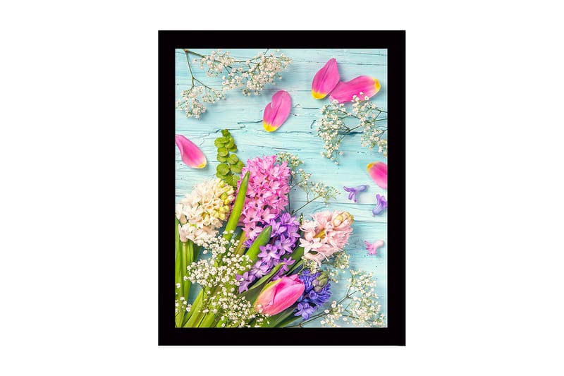 Kehystetty puutaulu canvasille - 41x56 cm - Värikäs kukkakimppu tulppaaneilla ja hyasinteilla, Vaaleanpunainen / Violetti / Valkoinen