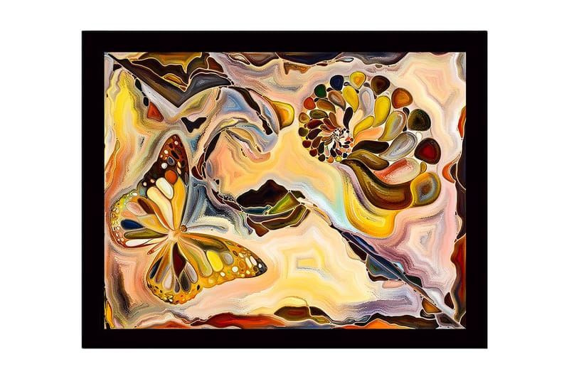 Kehystetty puukangas - 41x56 cm - Värikäs perhonen abstraktissa sommitelmassa simpukanmuotoisilla elementeillä, Kulta / Oranssi / Ruskea