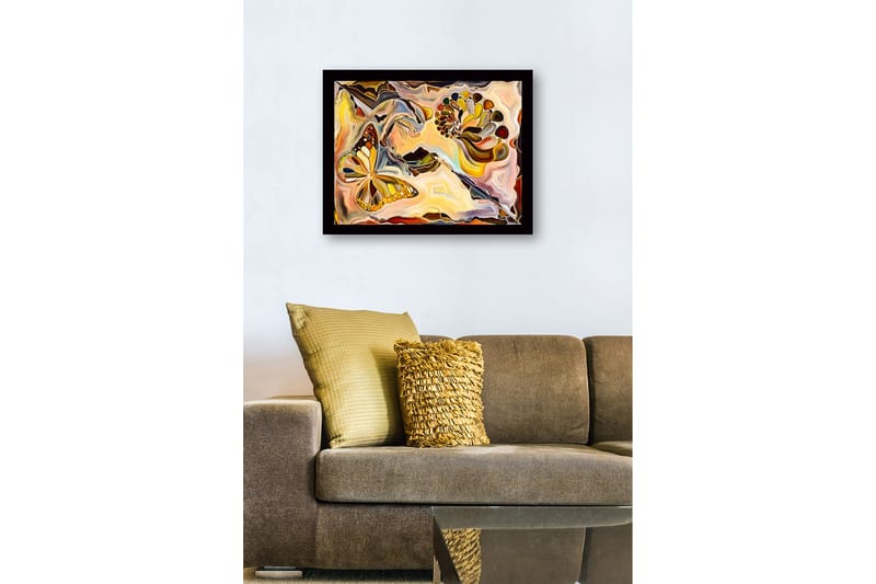 Kehystetty puukangas - 41x56 cm - Värikäs perhonen abstraktissa sommitelmassa simpukanmuotoisilla elementeillä - Kulta / Oranssi / Ruskea - Sisustustuotteet - Taulu & taide